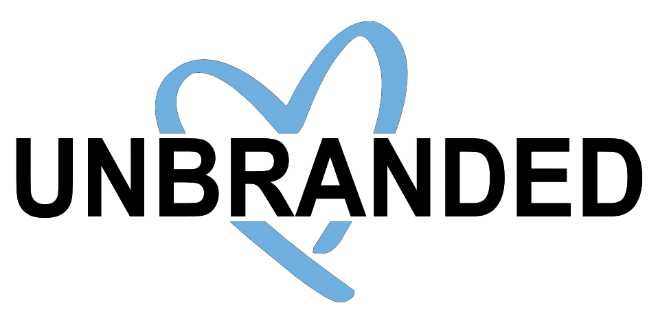 UNBRANDED logo with bold black text over a light blue heart outline
