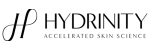Hydrinity logo: stylized H emblem with 'HYDRINITY' wordmark and tagline 'Accelerated Skin Science'.