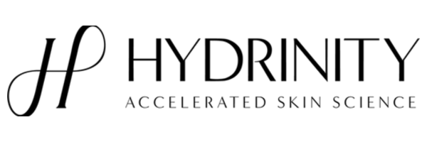 Hydrinity logo: stylized H emblem with 'HYDRINITY' wordmark and tagline 'Accelerated Skin Science'.