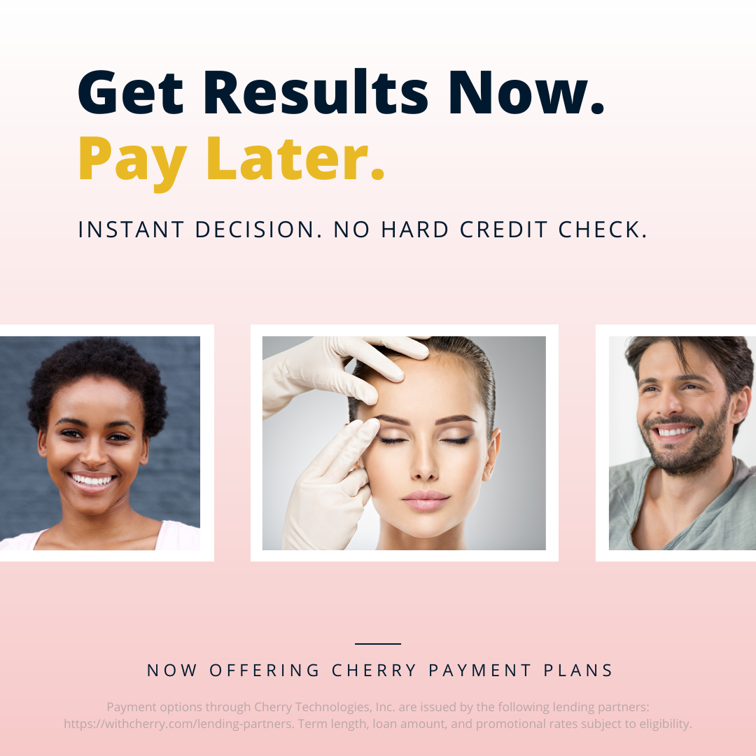 Get Results Now. Pay Later. Banner with smiling woman, cosmetic patient examined by gloved hands, and smiling man