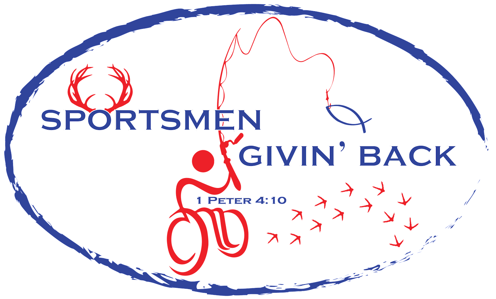 Sportsmen Givin' Back logo: red wheelchair angler casting line, antlers, fish symbol, birds, and '1 Peter 4:10' text
