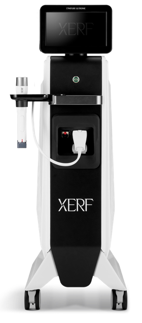 XERF medical device console with touchscreen, handheld applicator, and wheeled base
